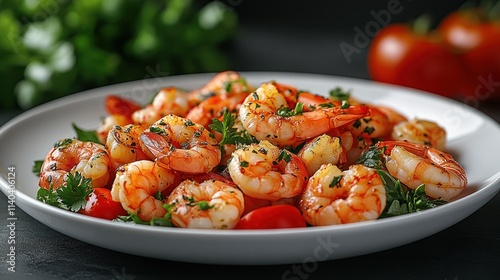 Sauteed shrimp with parsley and cherry tomatoes.