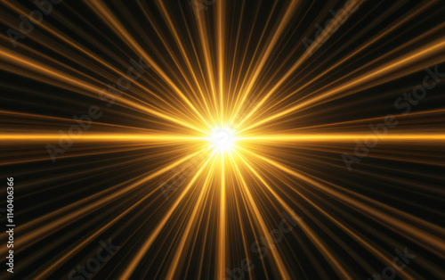 Bright Golden Light Rays with Lens Flare and Sparkling Particles on Dark Background