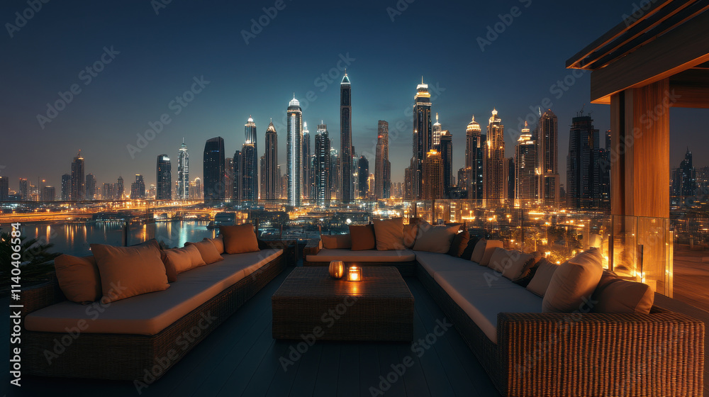 Obraz premium stylish rooftop bar with panoramic views of vibrant city skyline at night