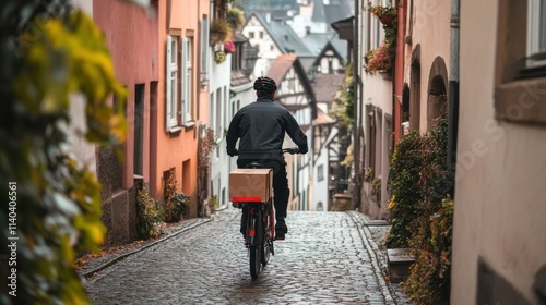 Delivery Man Cycling Through European Cobblestone Street photo