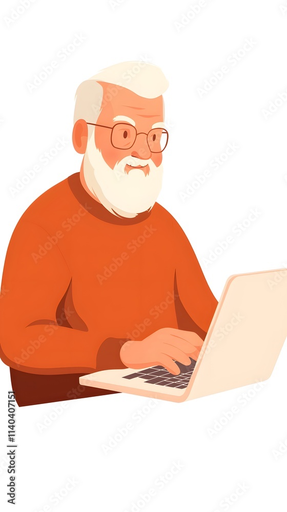 An elderly man with white hair and a beard is sitting at a laptop, in a flat design illustration, with a vector style An elderly man with white hair and a beard is sitting at a laptop, in a flat design illustration, with a vector style