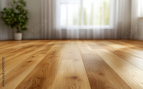 Close-Up of Sunlit Wooden Floor in Living Room with Blurred Window and Plants