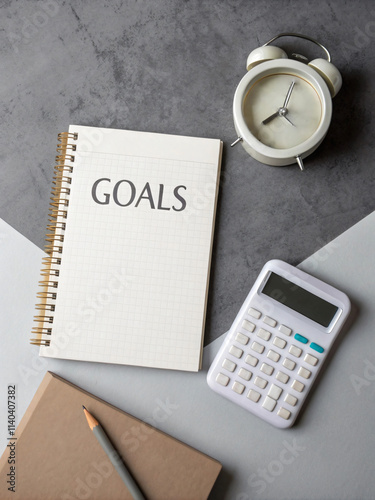 Notebook with GOALS written, calculator, and clock on desk