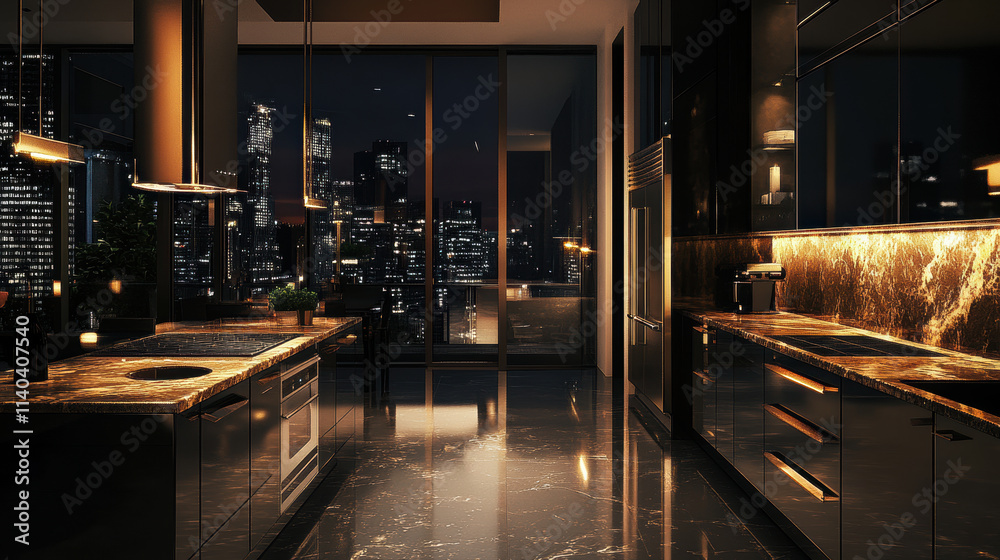 Luxurious gourmet kitchen with high end appliances and city view Luxurious gourmet kitchen with high end appliances and city view