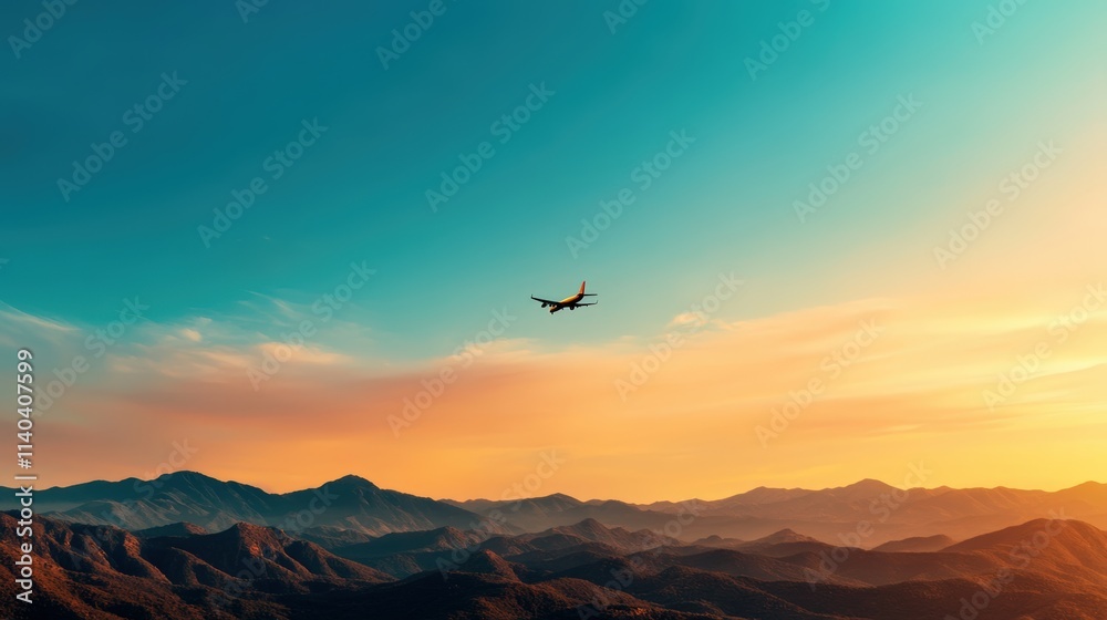 A plane flies over majestic mountains under a colorful sunset sky, showcasing serene travel and nature's beauty. A plane flies over majestic mountains under a colorful sunset sky, showcasing serene travel and nature's beauty.