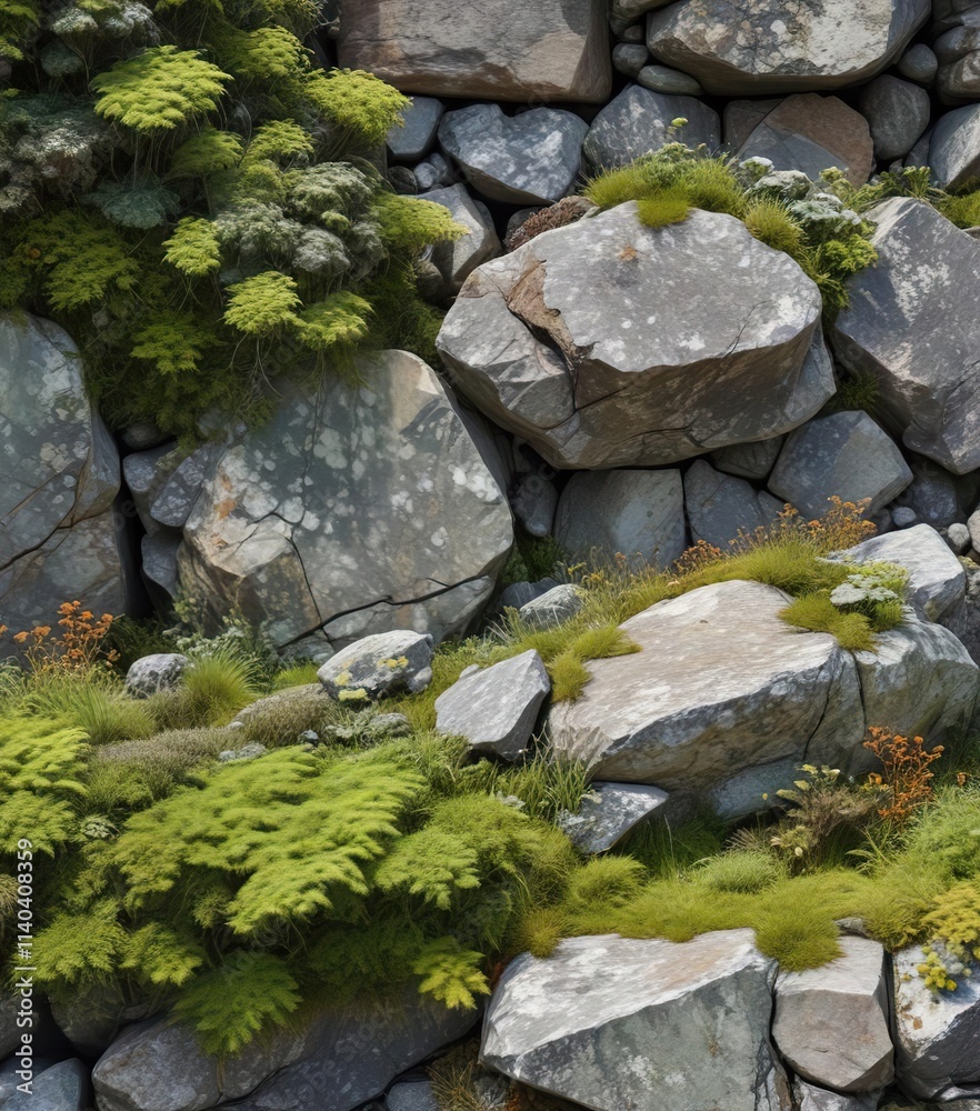Abstract gray stone wall with moss and lichen growth, nature, abstract Abstract gray stone wall with moss and lichen growth, nature, abstract