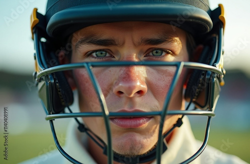 A close-up portrait of a cricket batsman wearing a protective helmet with a cage faceguard photo