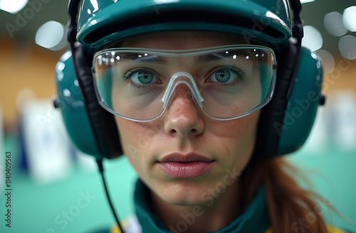 A close-up portrait of an Olympic shooter wearing a snug-fitting competition cap and precision shooting glasses photo