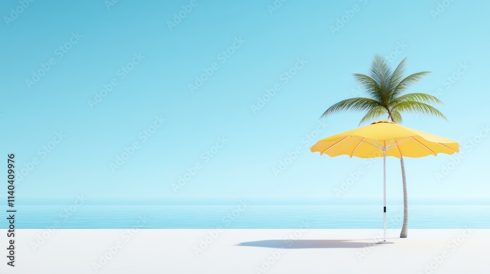Obraz premium A serene beach scene featuring a yellow umbrella and palm tree.