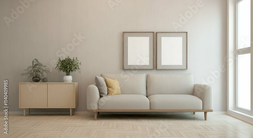 A modern living room with a sofa against a wall featuring blank poster frames in wooden frame borders 3d illustration template. Empty photo frame mock-up template.