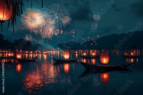 A Colorful firework at floating market and traditional show new landmark Legent siam pattaya Chonburi,Thailand.