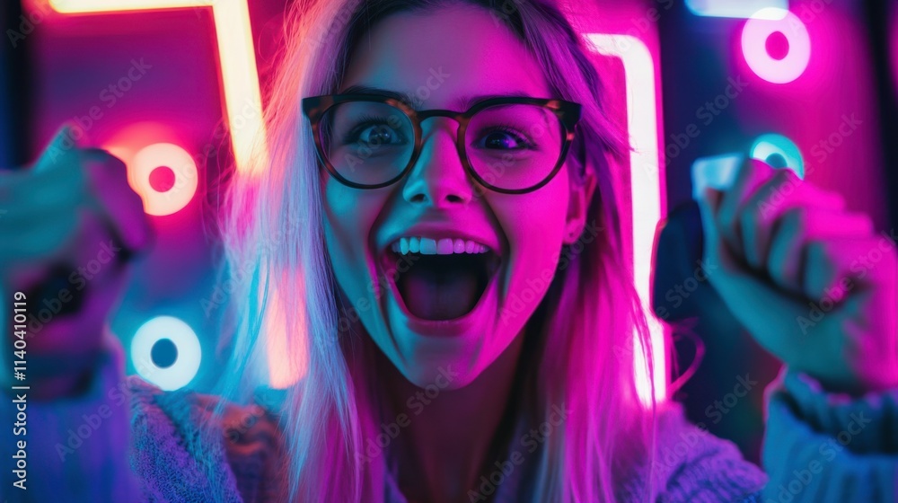 Gamer Celebrates Victory in Neon Atmosphere Gamer Celebrates Victory in Neon Atmosphere