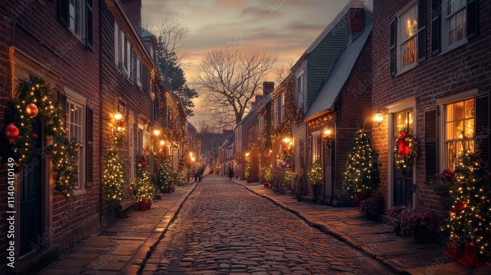 Fototapeta premium Festive street scene with holiday decorations and lights at twilight.