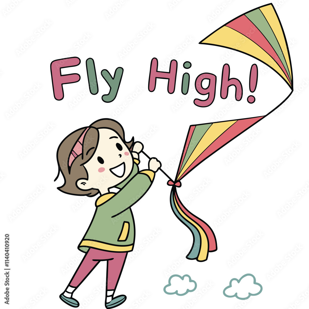 Cheerful Child with Colorful Kite Flying High in a Bright Sky Illustration Cheerful Child with Colorful Kite Flying High in a Bright Sky Illustration