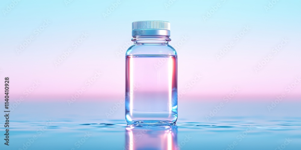 A clear glass bottle filled with water against a soft pastel gradient background. A clear glass bottle filled with water against a soft pastel gradient background.