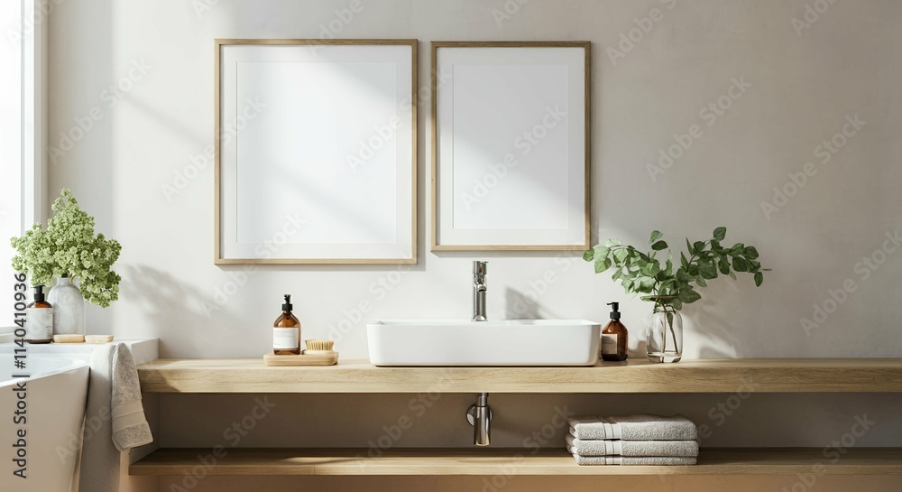 Fototapeta premium A bathroom interior with blank rectangular photo frames on the wall 3d illustration mock-up template.