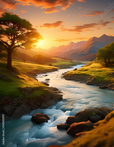 Serene river flowing through verdant meadows