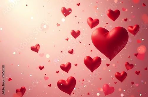 Red hearts on a pink background with space for text. Background for Valentine's day. Valentine card with pink hearts.