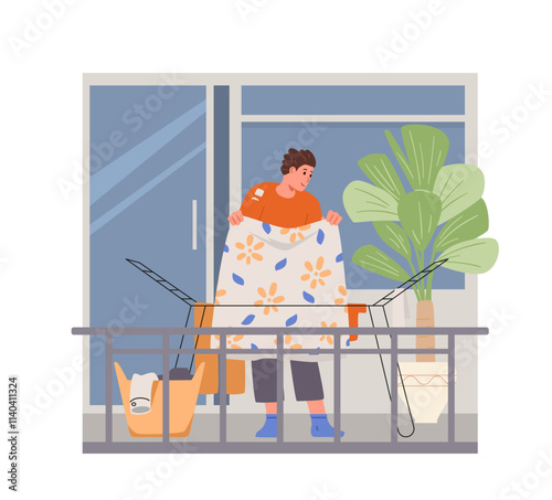Man hangs up the laundry to dry on the balcony flat vector. House chores.