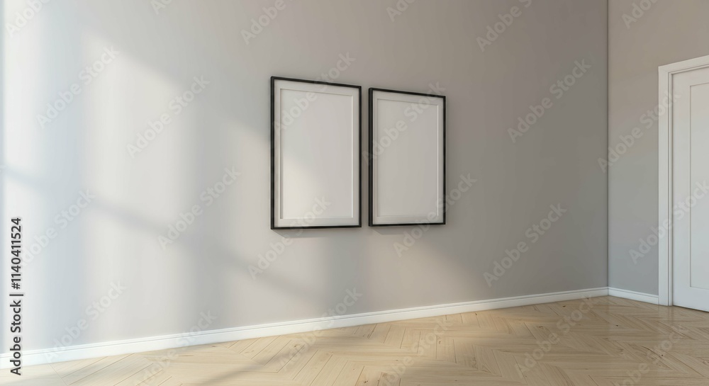 An interior room with blank rectangular photo frames on the wall 3d illustration mock-up template. An interior room with blank rectangular photo frames on the wall 3d illustration mock-up template.
