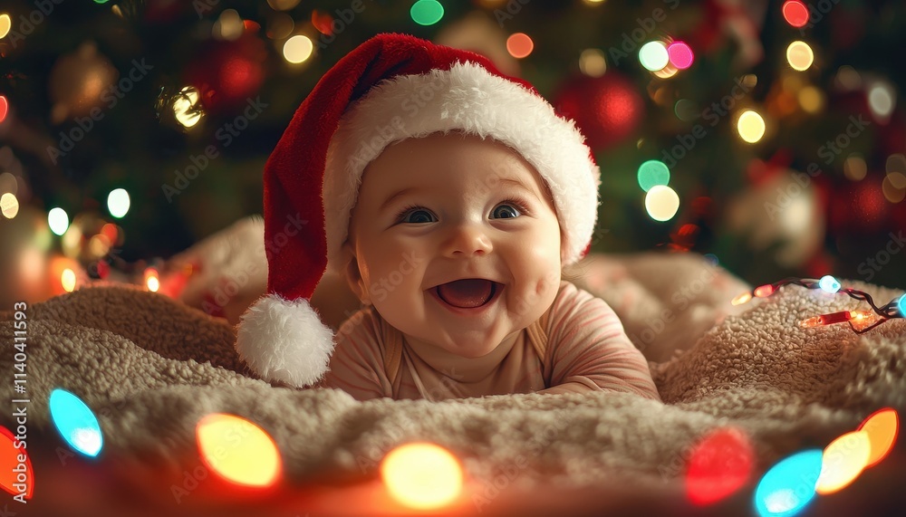 Joyful Baby in Santa Hat Smiling Surrounded by Holiday Lights and Christmas Tree Decorations