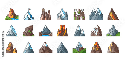 Mountain colorful icon set. Various cliff peaks, volcanoes, rock formations. Snow capped summits rocky ridges, steep slope natural landmarks in simple bold line art. Diverse terrain shapes elevations