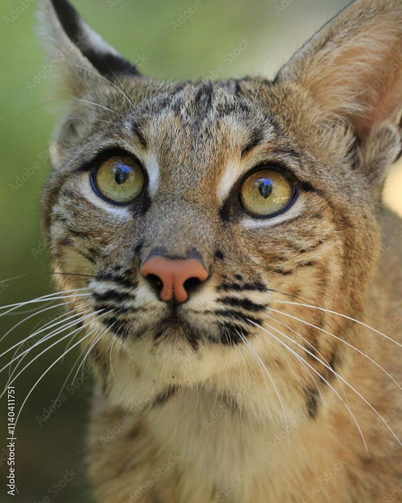 Obraz premium Captivating close-up of a wild bobcat, featuring intense yellow eyes and striking fur patterns, ideal for wildlife and nature photography enthusiasts