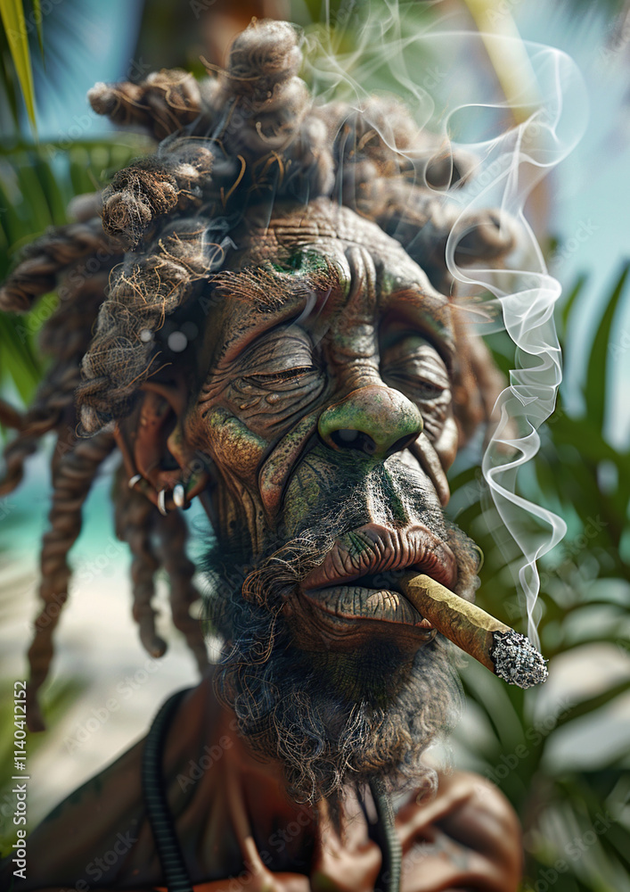 Fototapeta premium Rastafarian man smoking cannabis Joint at the beach by the ocean in Jamaica. Generative Ai