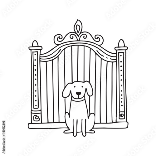Doodle illustration of a dog sitting patiently in front of a decorative gate