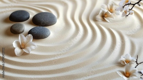 Tranquil Zen Garden with Raked Sand, Stones, and Flowers for Elegant Banner Design