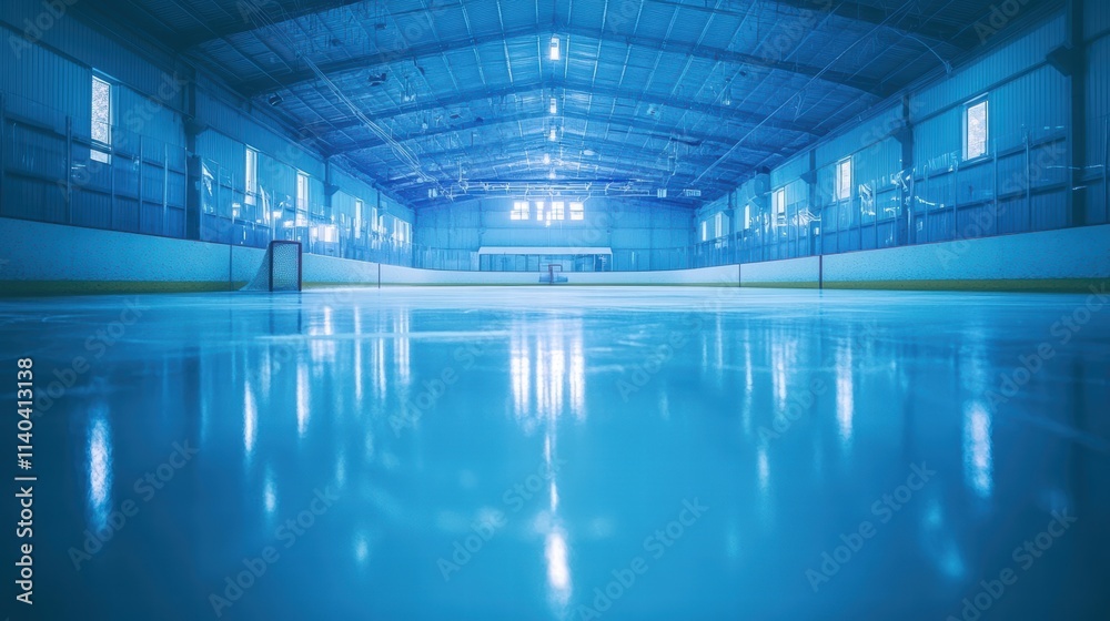 Fototapeta premium Ice Hockey Rink Action Indoor Arena Ground-Level View Smooth Frozen Surface Ice Sports Event