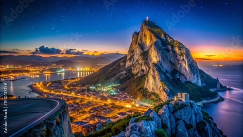 Gibraltar Rock Night Photography, Stunning Night Views, Dramatic Night Sky, Gibraltar Night Scenery, Rock of Gibraltar at Night