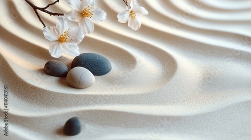 Tranquil Zen Garden with Raked Sand, Stones, and Flowers for Elegant Banner Design