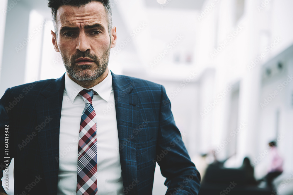Fototapeta premium Half length portrait of confident proud ceo 50 years old looking at camera.Successful mature businessman dressed in formal wear standing indoors in office interior.Male owner of financial company