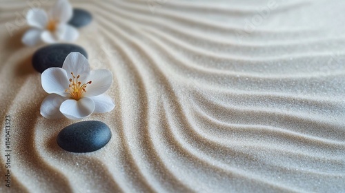 Tranquil Zen Garden with Raked Sand, Stones, and Flowers for Elegant Banner Design