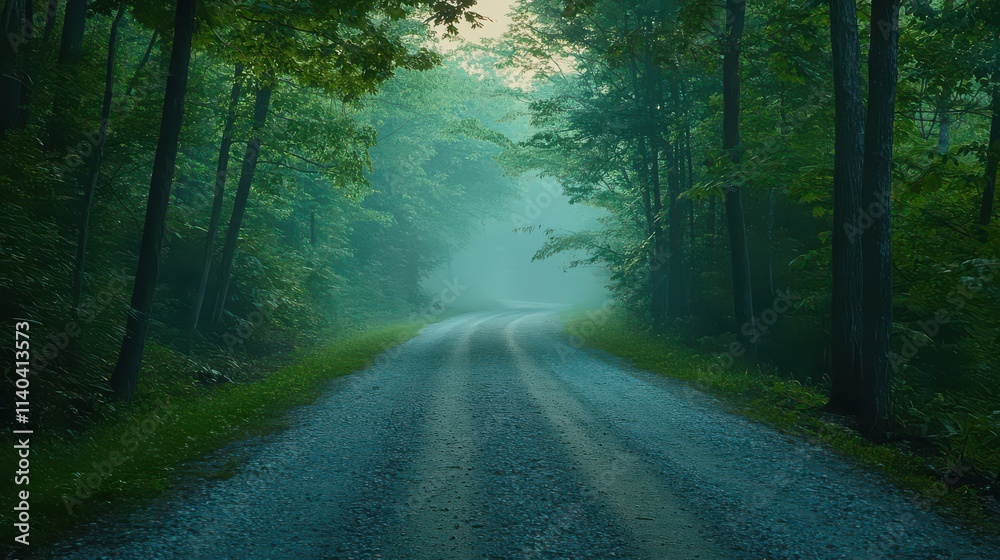 Obraz premium Misty Forest Road Surrounded by Lush Green Trees
