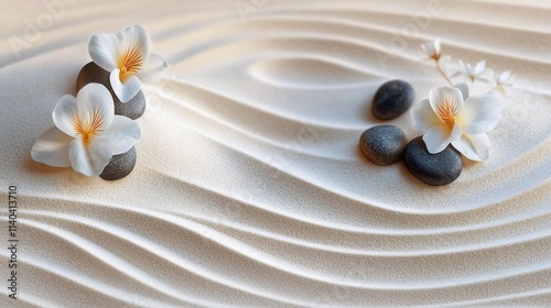 Tranquil Zen Garden with Raked Sand, Stones, and Flowers for Elegant Banner Design