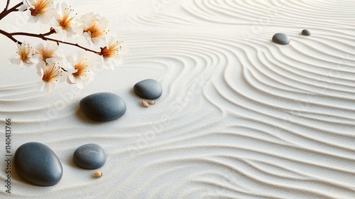 Tranquil Zen Garden with Raked Sand, Stones, and Flowers for Elegant Banner Design