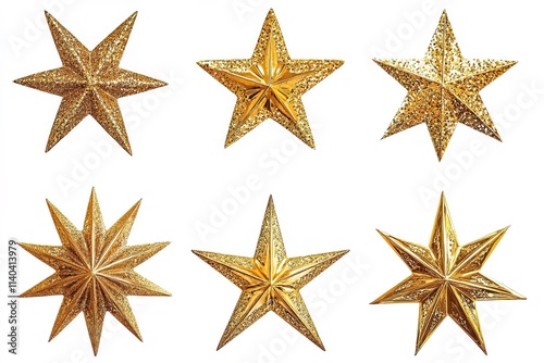 set of six bright golden glittering stars with shimmering texture isolated on white background