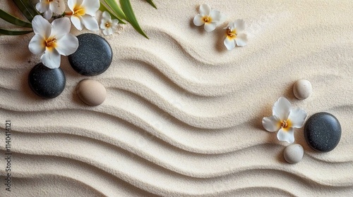 Tranquil Zen Garden with Raked Sand, Stones, and Flowers for Elegant Banner Design