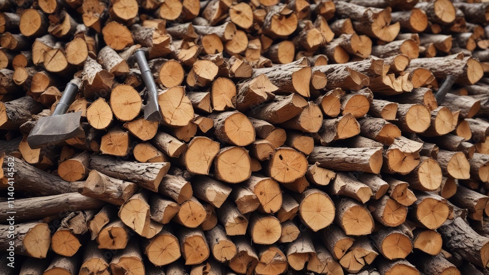 A pile of firewood and logs with an axe resting on top , woods, fireplace, rural A pile of firewood and logs with an axe resting on top , woods, fireplace, rural