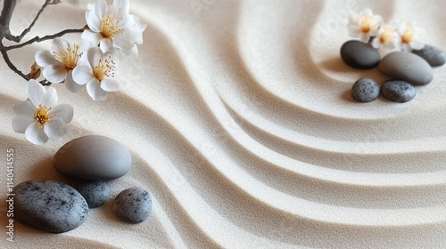 Tranquil Zen Garden with Raked Sand, Stones, and Flowers for Elegant Banner Design