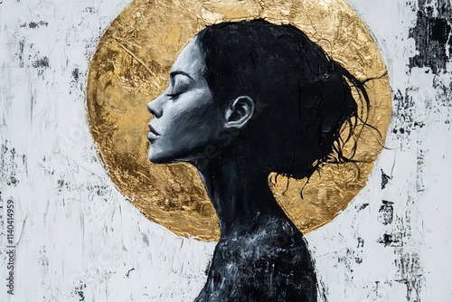 abstract oil painting profile portrait of woman on canvas, black and white acrylic texture with gold leaf circle background