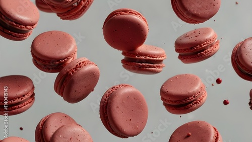 Flying raspberry macarons, isolated against a white background, dynamic and playful. cutout png
