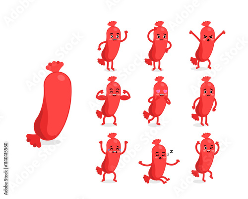 Set of emotions and poses of the sausage character in a cute cartoon funny flat style.