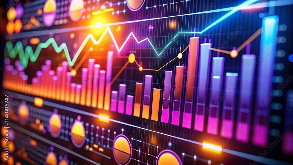 Fototapeta premium Glowing Purple Orange Data Visualization Dashboard Charts Graphs High Depth of Field