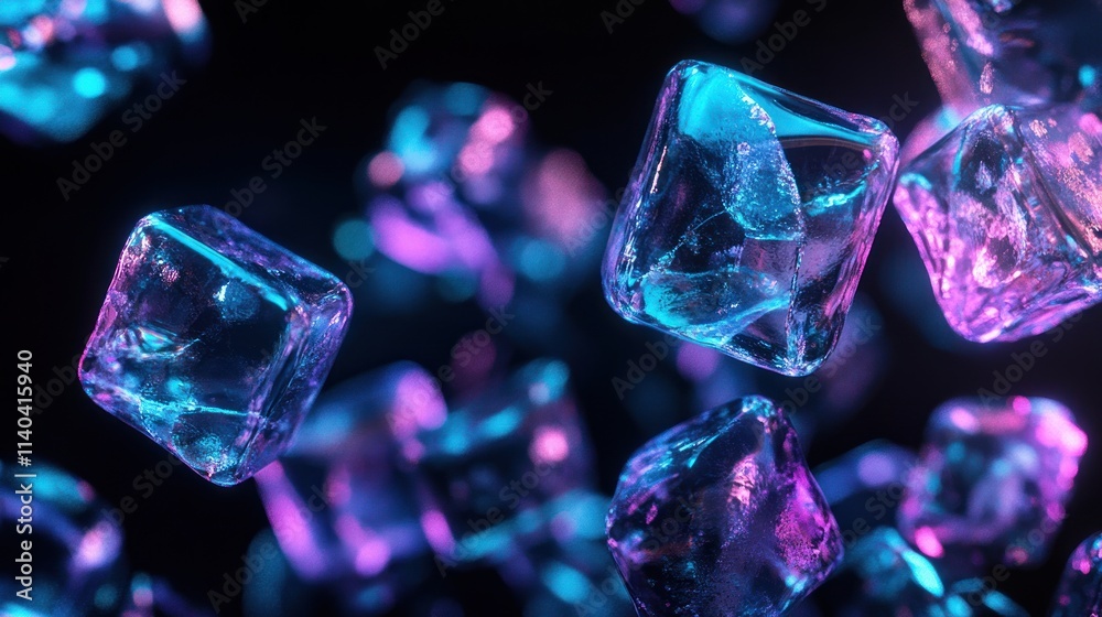 Floating ice cubes illuminated by purple and blue light. Floating ice cubes illuminated by purple and blue light.