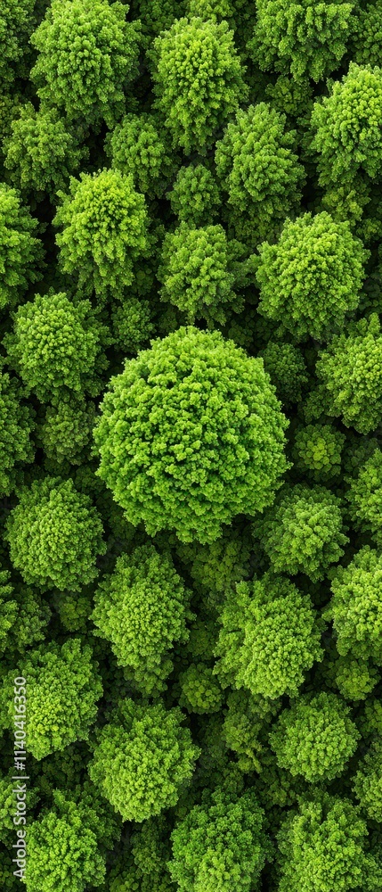 Fototapeta premium Aerial view of lush, vibrant green trees, showcasing nature's beauty and biodiversity.