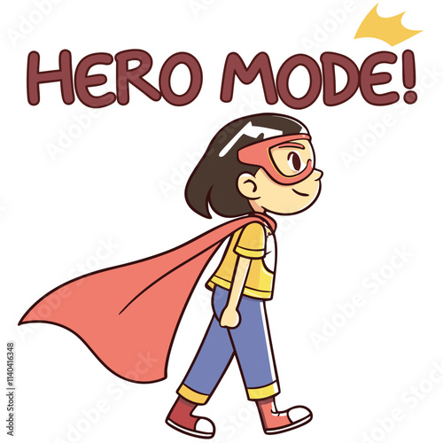 Cartoon child in superhero costume with cape, walking confidently and ready for adventure