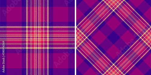 Vector pattern plaid of tartan texture textile with a seamless check fabric background. Set in sunset colors for stylish wrapping options and gifts.